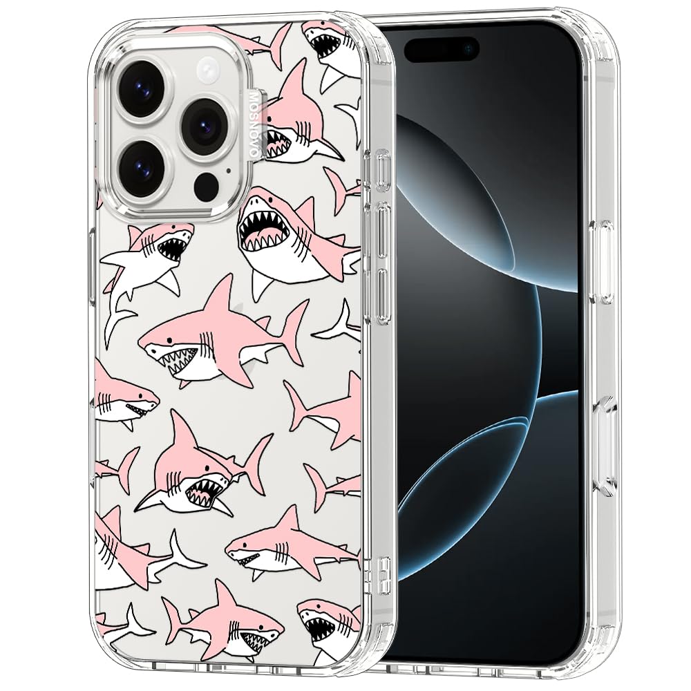 MOSNOVO Case for iPhone 16 Pro, [Buffertech 6.6ft Military-Grade Drop Protection] [Anti Peel Off Tech] Clear TPU Bumper Phone Case Cover Design - Pink Sharks