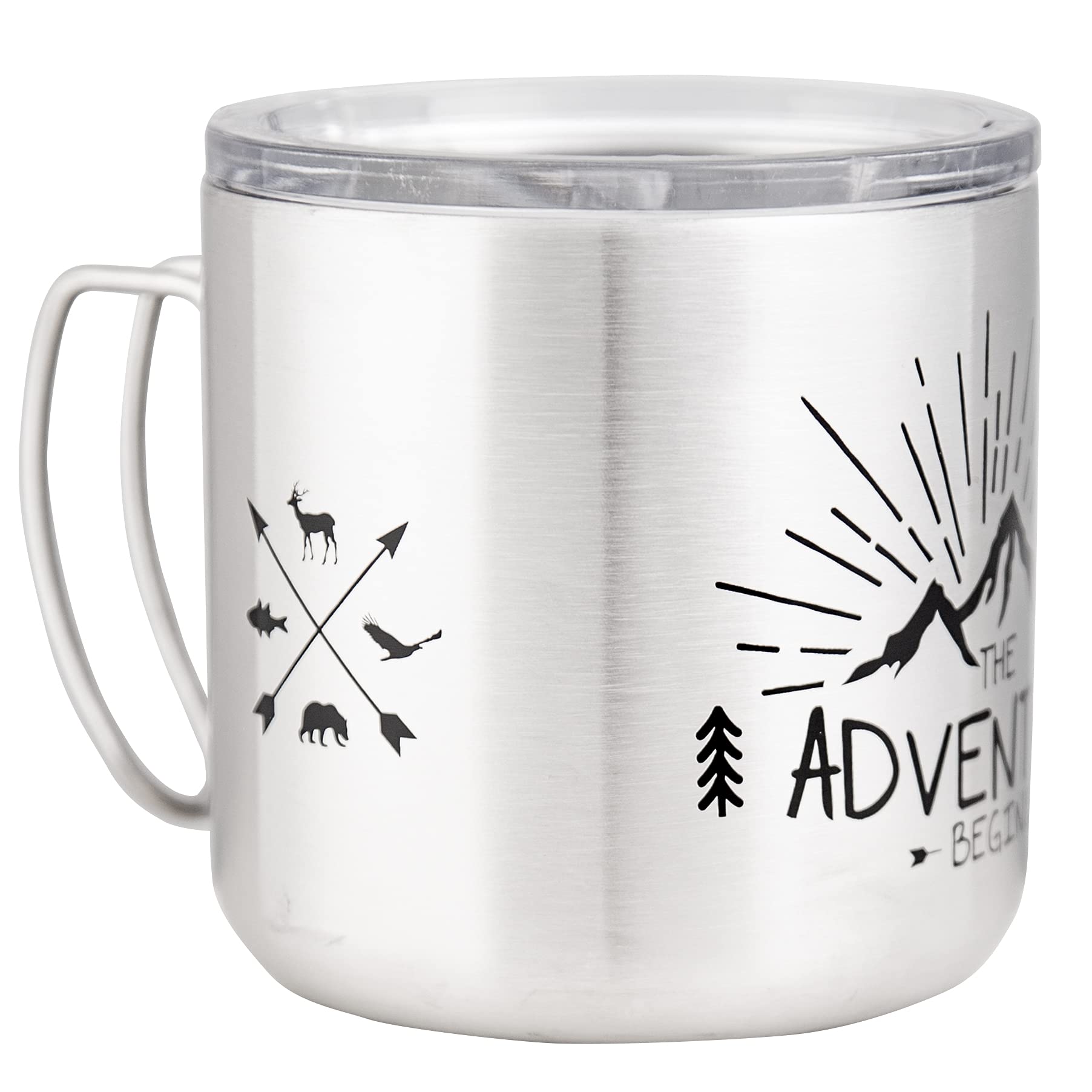 MUGSY Stainless Steel Mug, The Adventure Begins, To-Go Mug, Removable Lid, Shatterproof, 330 ml, Silver
