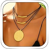 Vinzar Boho Disc Pendant Necklace Gold Round Layered Necklace Black Choker for Women