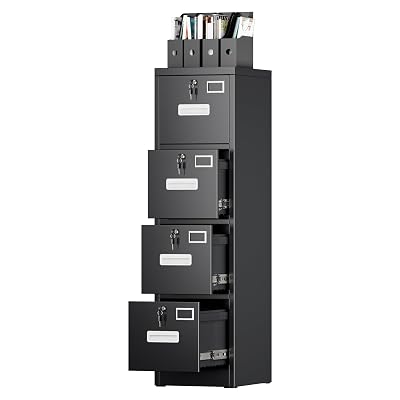 SUXXAN 4 Drawer File Cabinet, Metal Vertical Black Filing Cabinets with Locks Name Card Holder for Home Office, Assembly Required