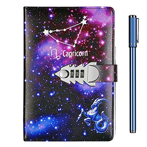 CODACE Starry Sky Diary with Lock and Key and Combination Leather Locking Journals (Capricorn)