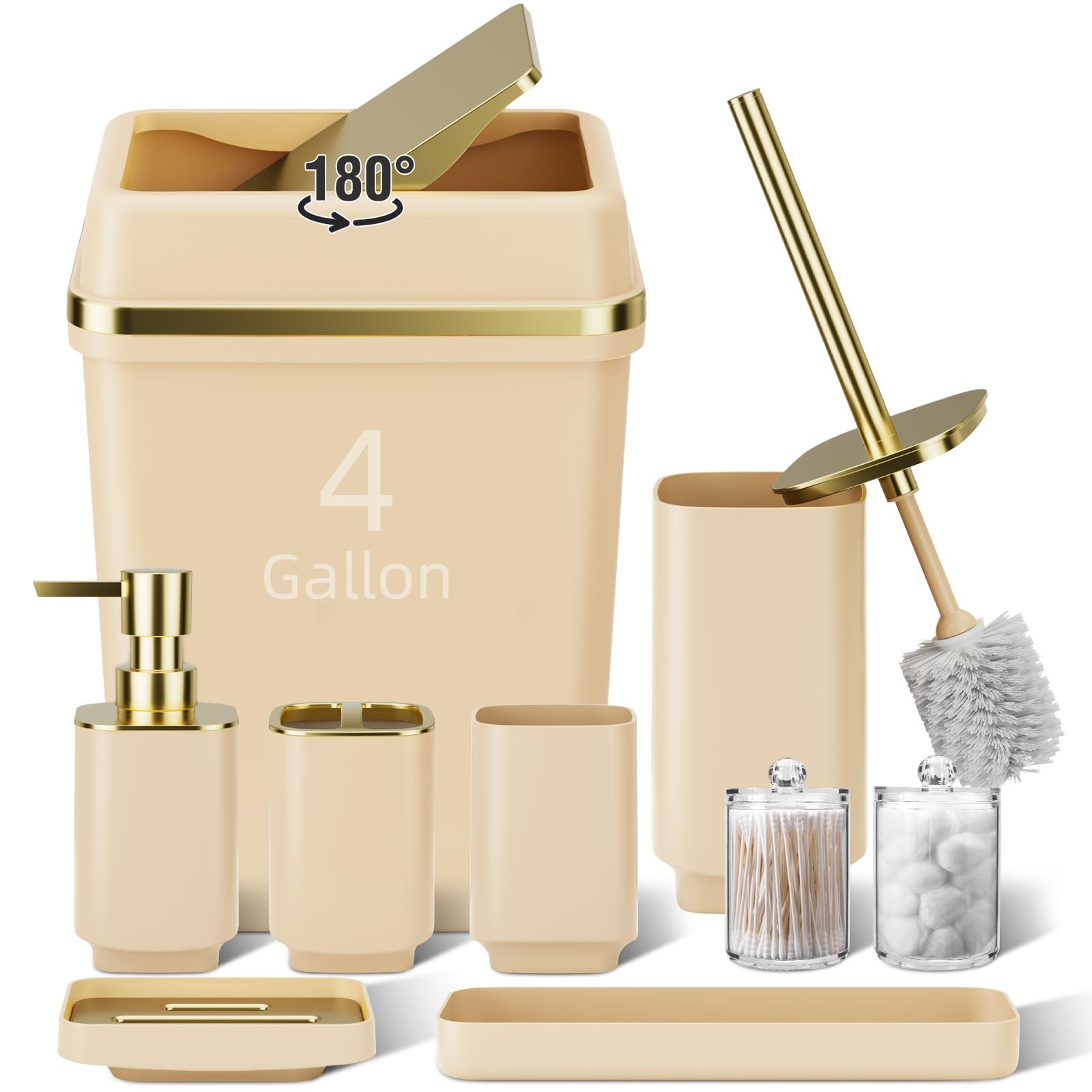 9PCS Bathroom Accessory Set, Beige Bathroom Set with Large-Capacity 4 Gallon Trash Can, Bathroom Accessories Set Complete, Toothbrush Holder, Soap Dispenser, Toilet Brush, Bathroom Decor