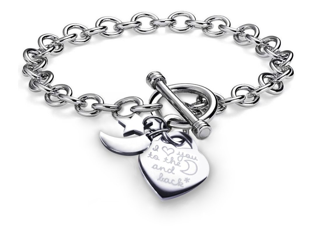 Pearlina Solid Stainless Steel Bracelet - I Love You To The Moon and Back Heart Charms w/Moon & Star - Jewelry Gift for Women -Charm Bracelets - Birthday Anniversary Christmas Gift for Woman -7.5"