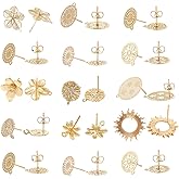 SUNNYCLUE 1 Box 20Pcs 10 Styles Flat Round Stud Earring Findings 18K Hollow Gold Plated Flower Stud Earrings with Hole Ear Nuts Backs for Women Adults DIY Jewelry Earring Making