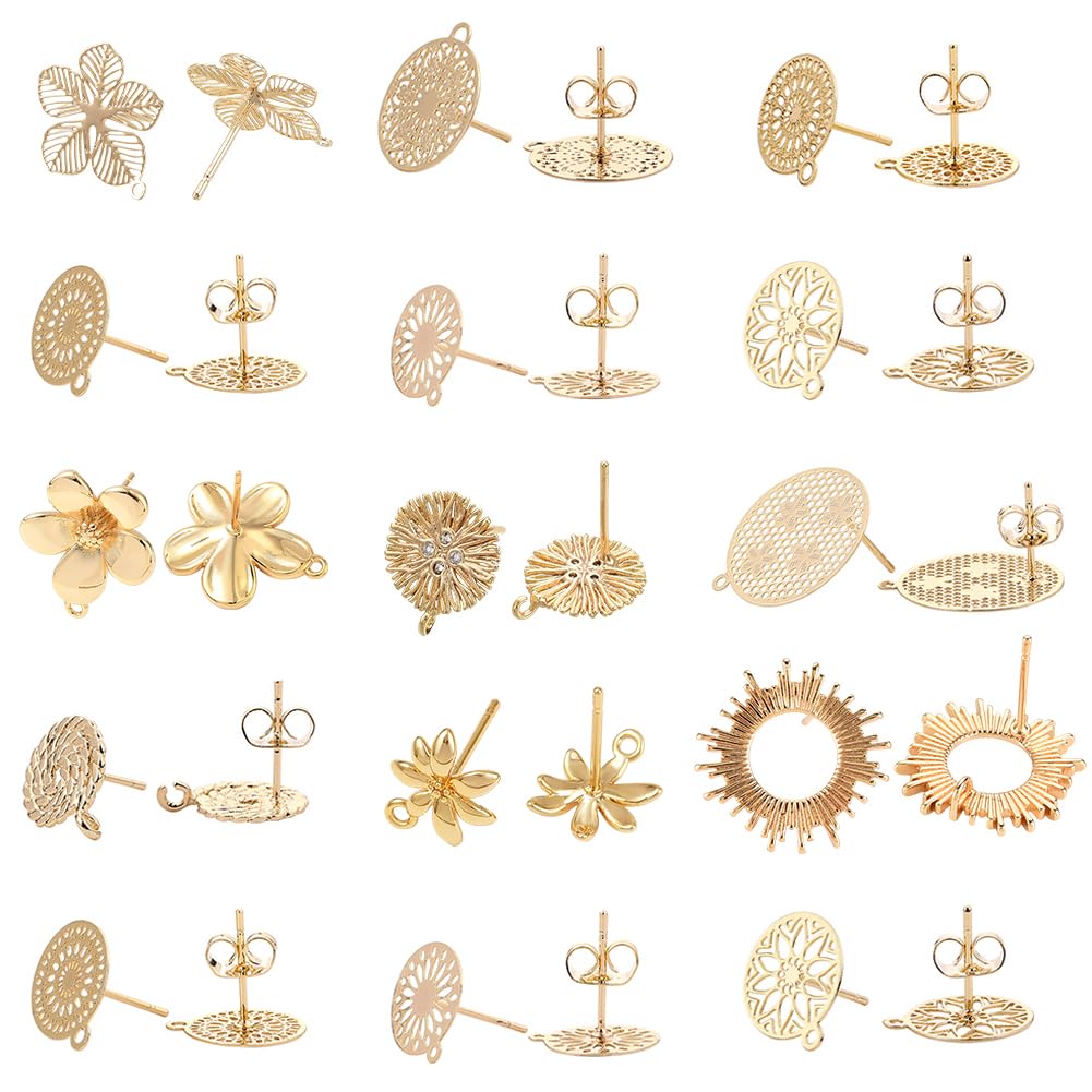 SUNNYCLUE 1 Box 20Pcs 10 Styles Flat Round Stud Earring Findings 18K Hollow Gold plated Flower Stud Earrings with hole Ear Nuts Backs for Women Adults DIY Jewellery Earring Making