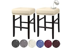 HFCNMY Stool Covers Rectangle, Stretch Waterproof PU Rectangle Bar Stool Covers Vanity Stool Cover Washable Counter Stool Covers Saddle Seat Cover with Elastic Bands(2 Pack,Beige)