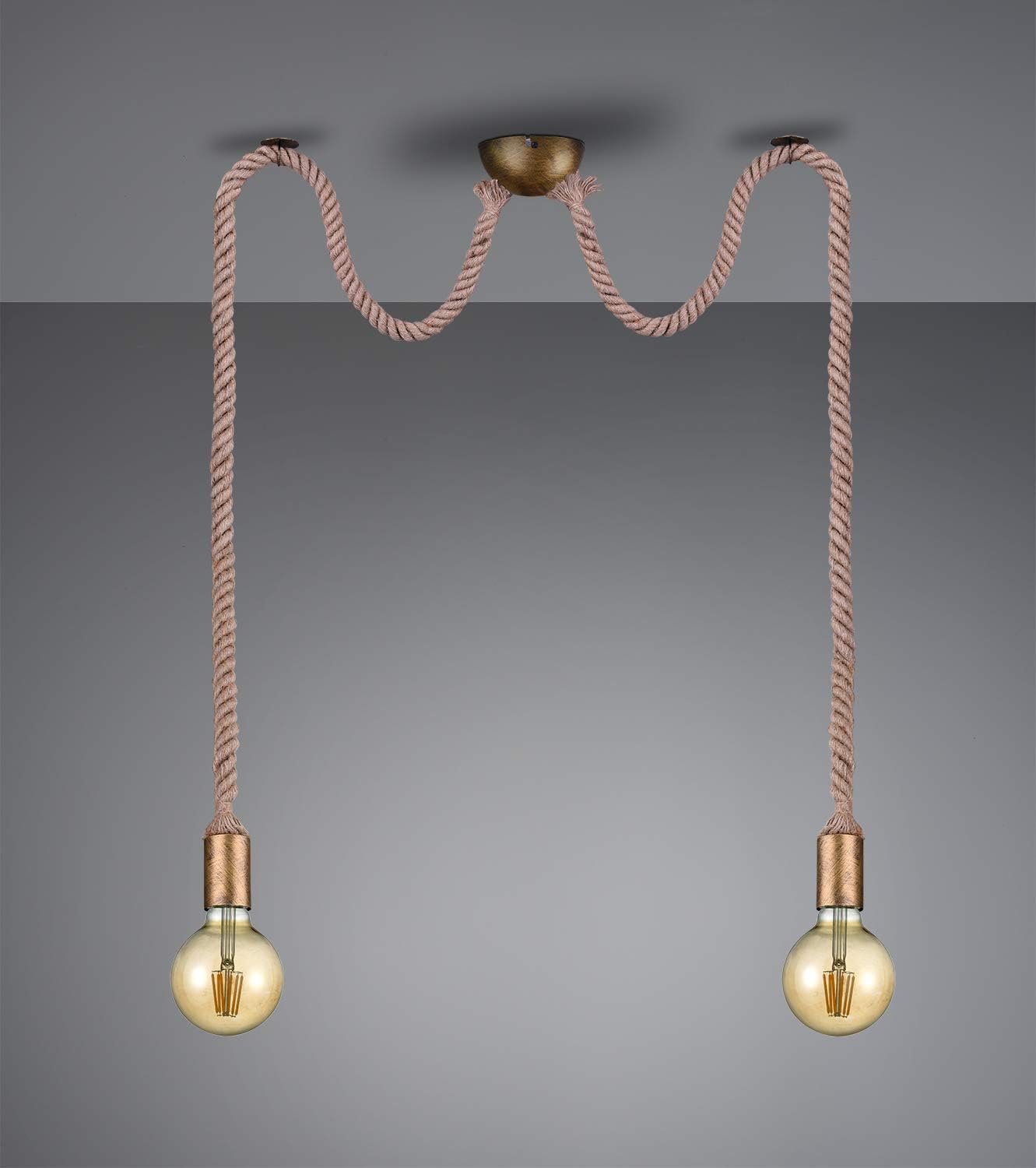 Trio Leuchten Rope 310100204 Pendant Light Antique Brass Metal Linen Suspension Excl. 1 x E27 Pendant 2-Bulb - Image 4