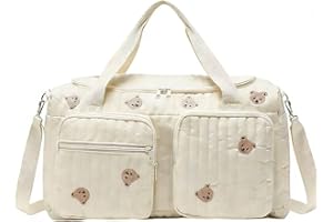Large Baby Changing & Hospital Maternity Bag, Cotton Mommy Diaper Tote Bags with Embroidery for Trave, Large Capacity Multipl
