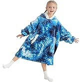Kipswiza Blanket Hoodie for Kids Oversized Wearable Blanket, Super Soft Warm Sherpa Fleece Blankets Sweatshirt for Girls Boys Children - Blue Tie Dye