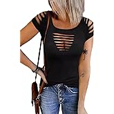 Cut Out Hollow Out T Shirt Womens Cold Shoulder Lacerated Sleeve Shirt Summer Solid Round Neck Slim Shirt Tops