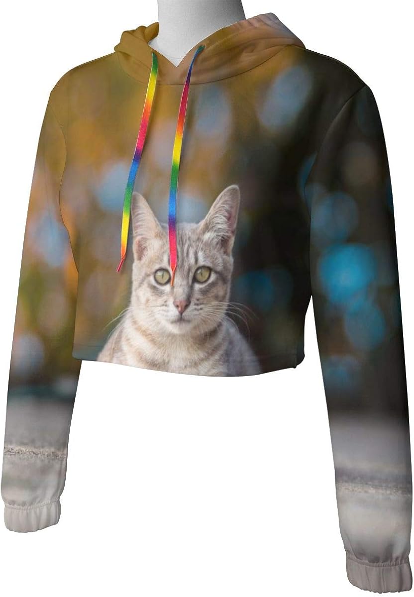 SITU Womens Hoodie Crop Top Long Sleeve Print,Cute Little Gray Cat