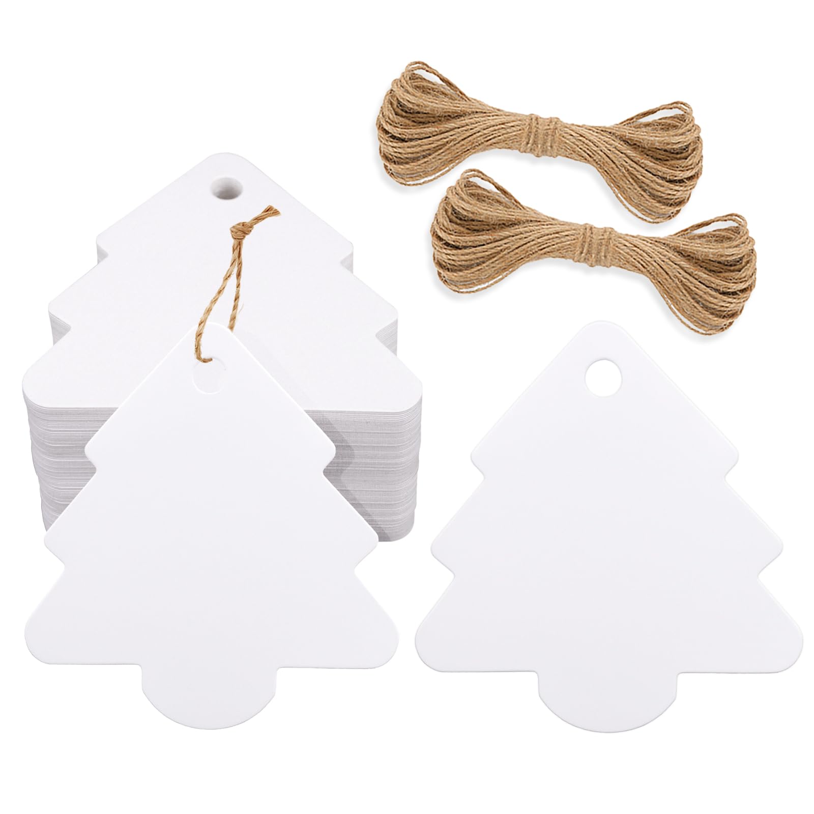 G2PLUS 100 PCS White Christmas Tree Shaped Gift Tags, 5.8x6CM Paper Labels With String for Xmas Presents and Decoration