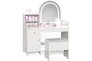 Qifeila Kids Vanity with Lights, Kids Vanity Table and Chair Set with Drawer, Storage Cabinet & Shelves, Wooden Toddler Dressing Table with Lighted Mirror, 2 in 1 Little Girl Vanity