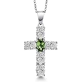 Gem Stone King 925 Sterling Silver Lab Grown Diamond and Green Tourmaline Cross Pendant Necklace for Women | 2.50 Cttw | Gemstone April Birthstone | Oval 6X4MM | With 18 Inch Chain