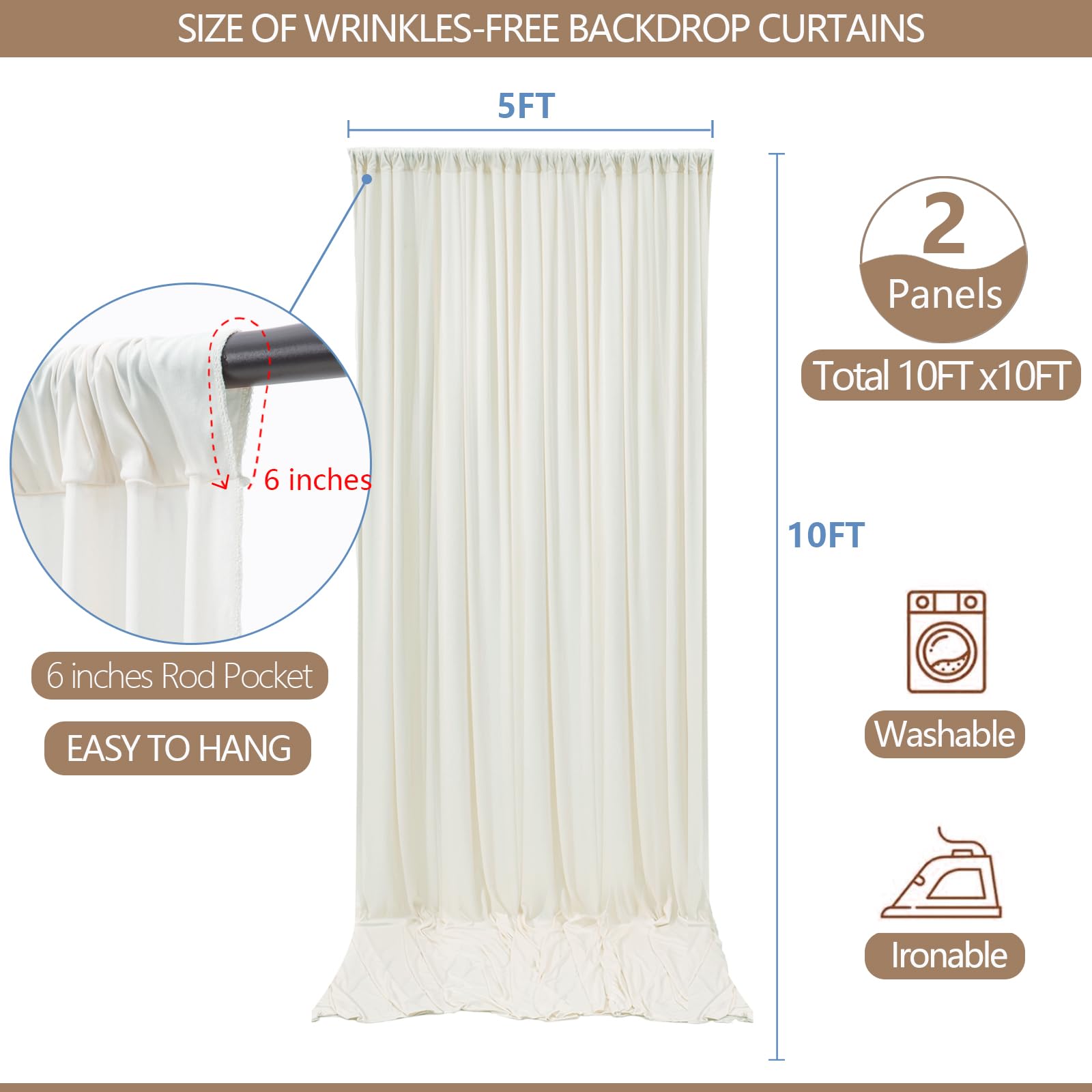 10x10ft Wrinkle Free Ivory Backdrop Curtain for Parties Soft Fabric Drapes Wedding Ivory Curtain Backdrop for Birthday Party Decorations Background for Photography 5x10ft,2 Panels