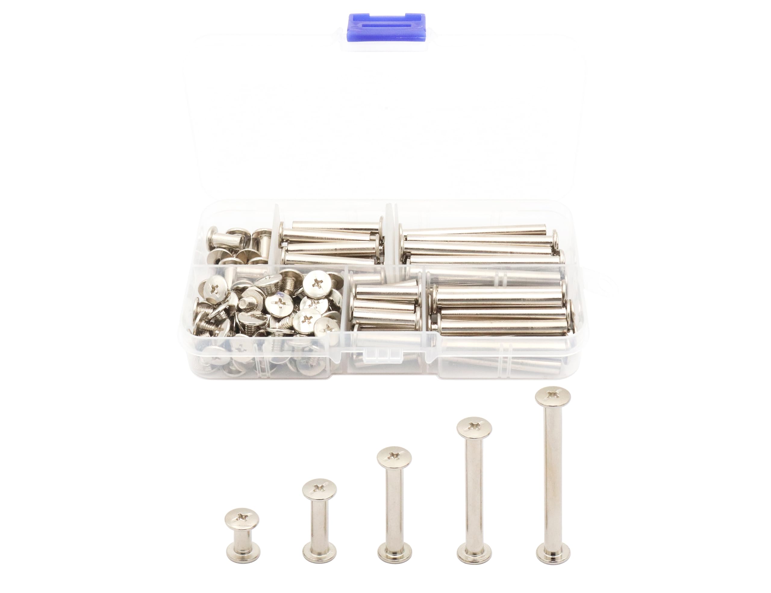 Photo 1 of LBY 100pcs Phillips Chicago Screws, M5 x 10/20/30/40/50mm Binding Screw Posts, Book Screws, Binding Barrels and Screws Assortment Kit for Leather Saddles, Purses, Belt Repair, Nickel-Plated