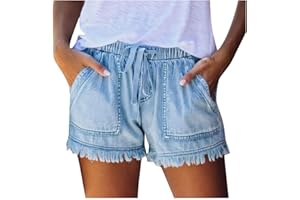 Denim Shorts for Women High Waisted Wide Leg Casual Comfy Loose Frayed Raw Hem Drawstring Trendy Jeans Shorts