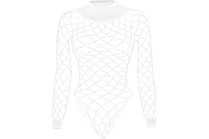 Tosmifairy Fishnet Bodysuit Top for Women Stretch One Piece Long Sleeve Mesh Rave Romper Body Suit