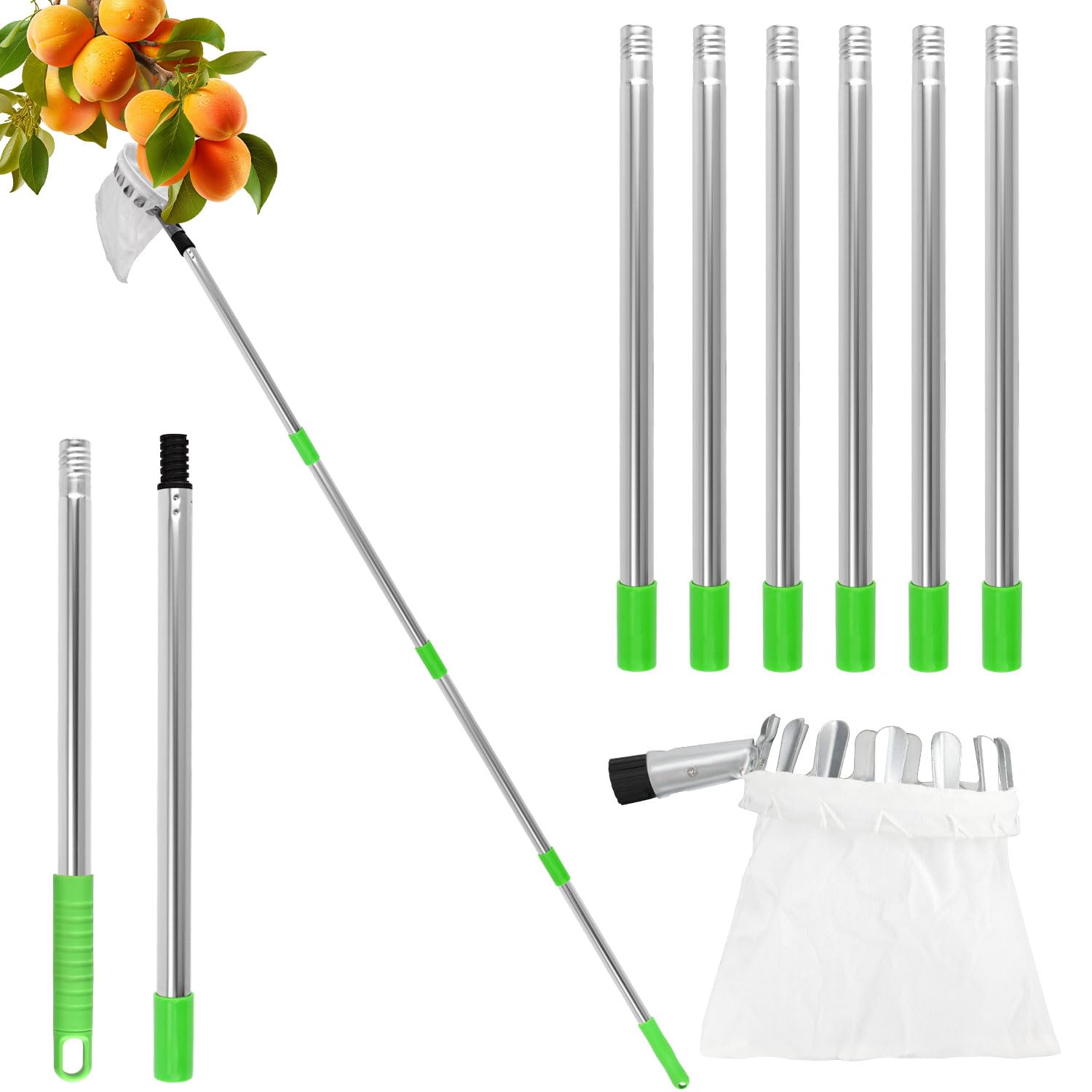 XIHIRCD Fruit Picker Pole, Adjustable Fruits Grabber Picker Tool with Basket Telescoping Handle Stainless Steel Tree Picker for Apple Apricot Mango Limes Nectarines Grapefruit