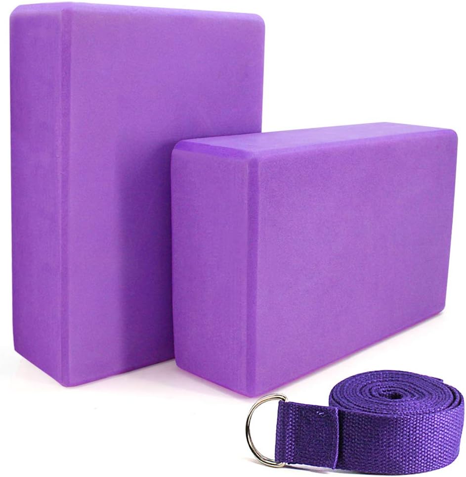 Yoga Blocks Foam Bricks and Strap Set of 2 Packs Purple Eco Friendly Non Toxic for Women Men Beginners High Density EVA Foam Blocks Support and Deepen Poses Improve Strength Balance Firm Lightweight