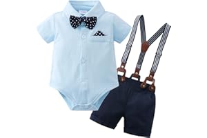 YUEMION Infant Baby Boy Clothes Gentleman Outfits Suits Summer Short Sleeve Bowtie Bodysuit Shirts + Suspender Shorts(0-24M)