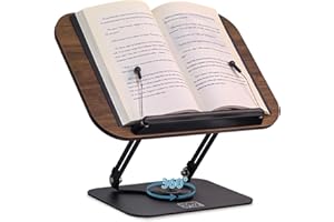 HCSH&WILL Book Stand for Reading, Adjustable Book Holder with 360° Rotating Base & Page Clips, Foldable & Portable, Lightweight for Recipe, Maganize, Laptop, Recipe, Tablet (Wood-Dark)