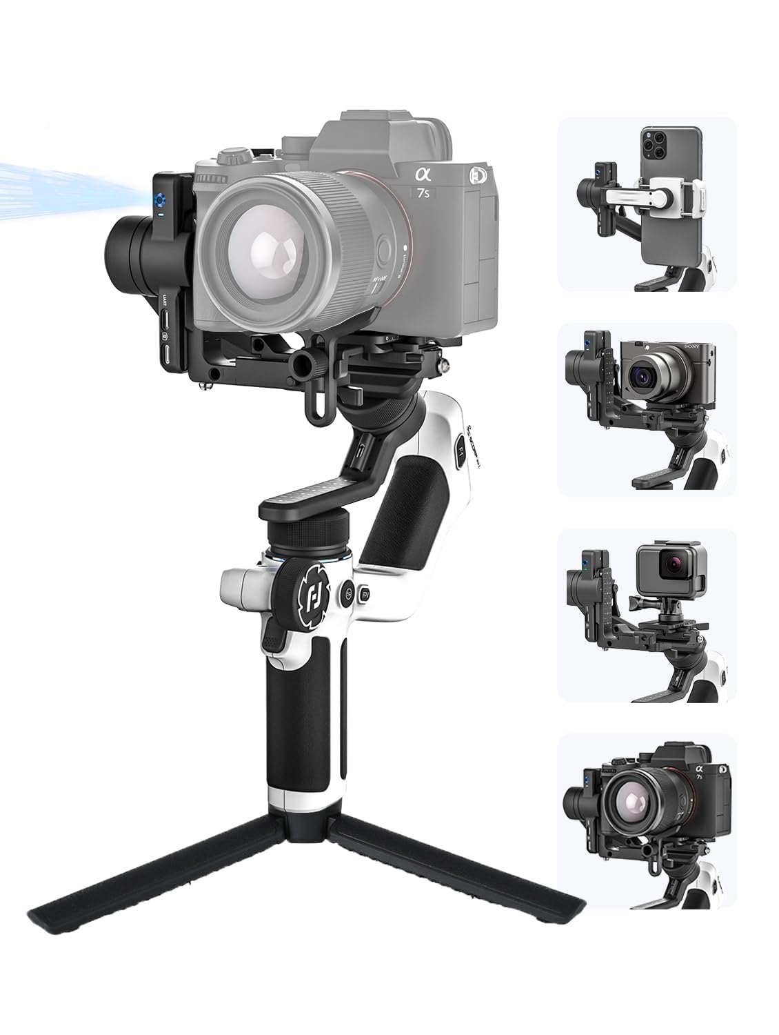 Photo 1 of FeiyuTech SCORP Mini 2 [White] All-in-One 3-Axis Mirorrless Gimbal Camera Stabilizer for Sony A7III Canon R6 Nikon Z30 Fujifilm GoPro11/12 iPhone 16 15 14,Samsung, AI Tracker,Max 2.65lb