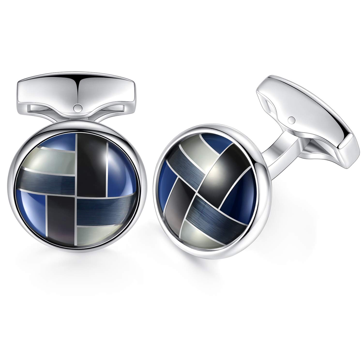 HONEY BEAR Round Navy Blue Sea Shell Knot Cufflinks - Stainless Steel for Mens Shirt Wedding Business Gift