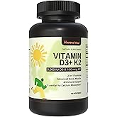 HappieVita Vitamin D3 K2, Vitamin D3 5000 IU (125 mcg) + Vitamin K2 100 mcg, 2 in 1 D3 and K2 Supplements for Bone, Teeth, Muscle and Immune Health Support, 60 Softgels