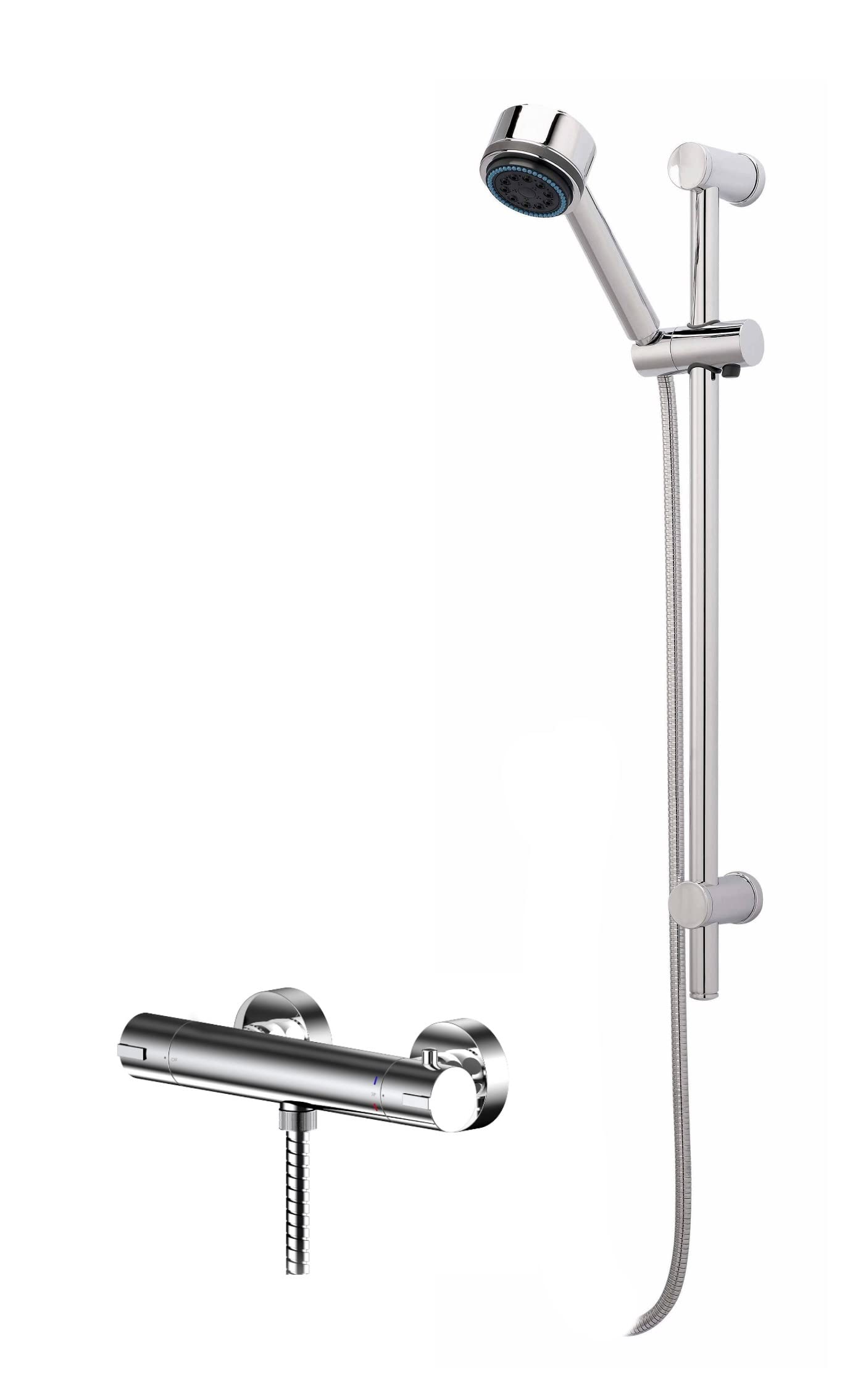 Nuie SBR66BV1 Shower Bundle Modern Bathroom Binsey Thermostatic Bar Valve with Bottom Outlet and Round Slide Rail Kit with Multi-Function Handset, Chrome