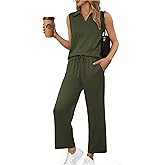PINSPARK Two Piece Sets for Women Summer Outfits Sleeveless Lounge Sets V Neck Tops Wide Leg Crop Pants Travel Tracksuit
