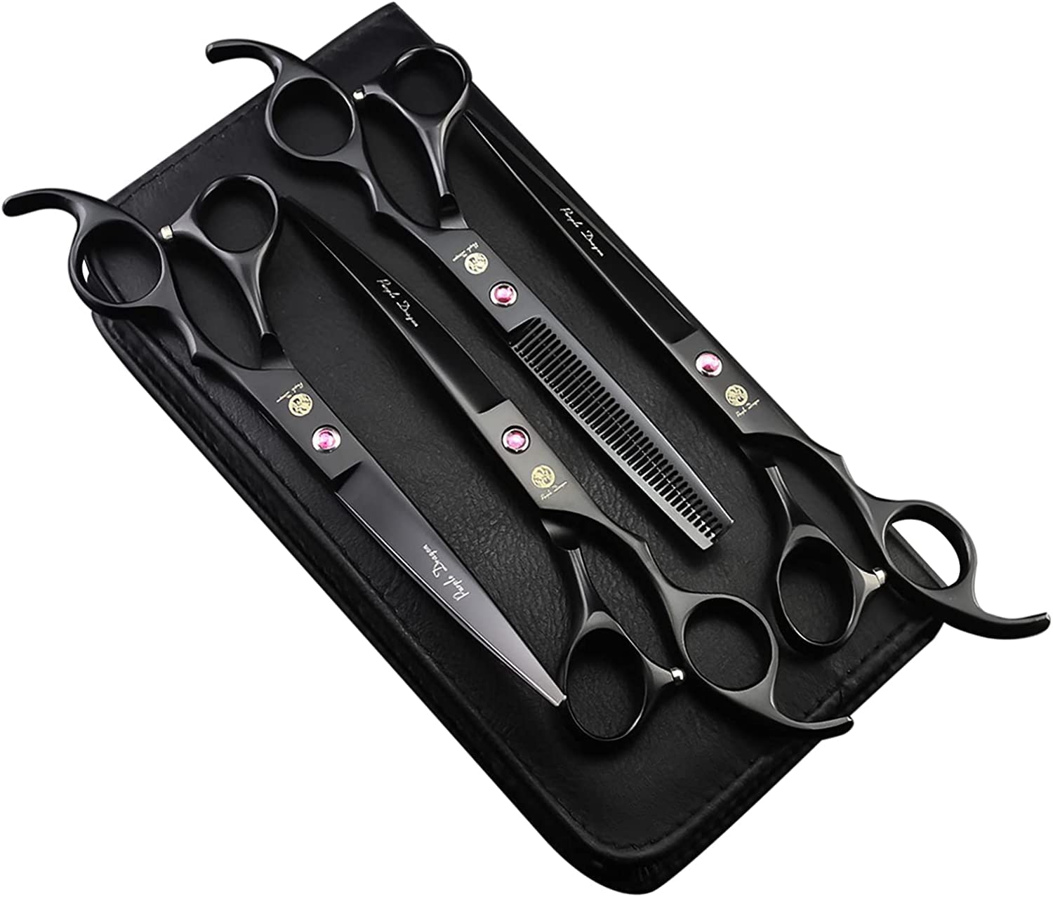 Purple Dragon Professional 7.0 inch 4PCS Pet Grooming Scissors Kit Japan Premium Steel Straight, Curved & Thinning Blade Dog Hair Cutting Shears Set with Case