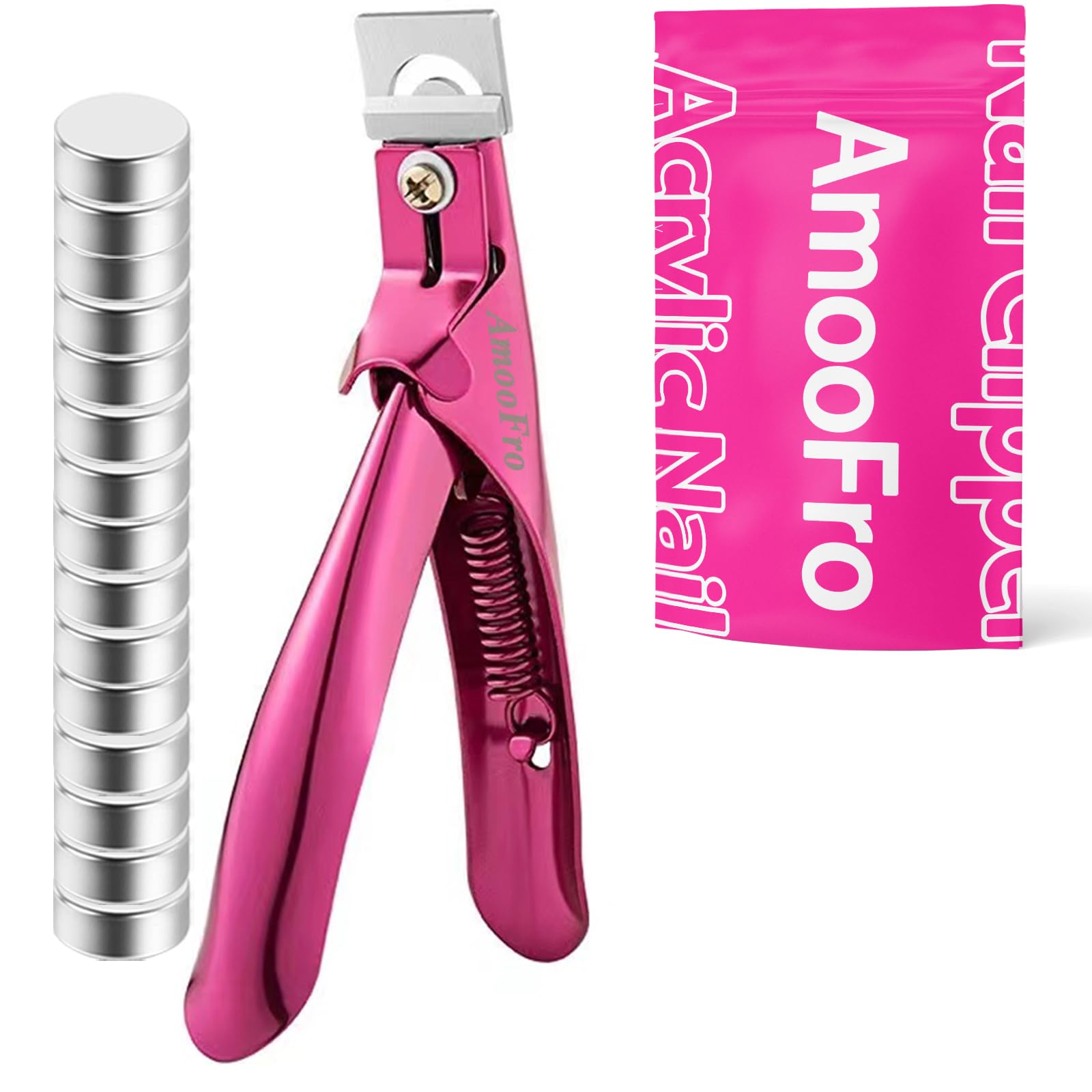AmooFro Acrylic False Nail Clippers with Magnets Sizer, Tip Cutter for False Nails with Length Measurement, Adjustable Stainless Trimmer, Manicure Tool for Salon Home Art