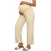 Huukeay Women's Cotton Linen Blend Maternity Pants, High Waisted Lounge Pregnancy Pants Over The Belly Trousers with Pockets
