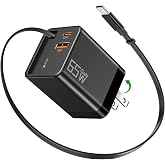 65W GaN USB C Charger with 0.7m Retractable Cable, 3-Port Adapter, Black | 3-in-1 Wall Charger with Foldable Plug for MacBook, iPhone 17/16/15, Samsung Galaxy S24, iPad, Travel Charger