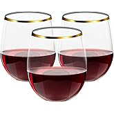 FOCUSLINE 32 Pack 12 OZ Plastic Wine Glasses, Stemless Disposable Wine Cups, Gold Rim Unbreakable Wine Glasses, Reusable Shatterproof Recyclable and BPA-Free Plastic Wine Cups