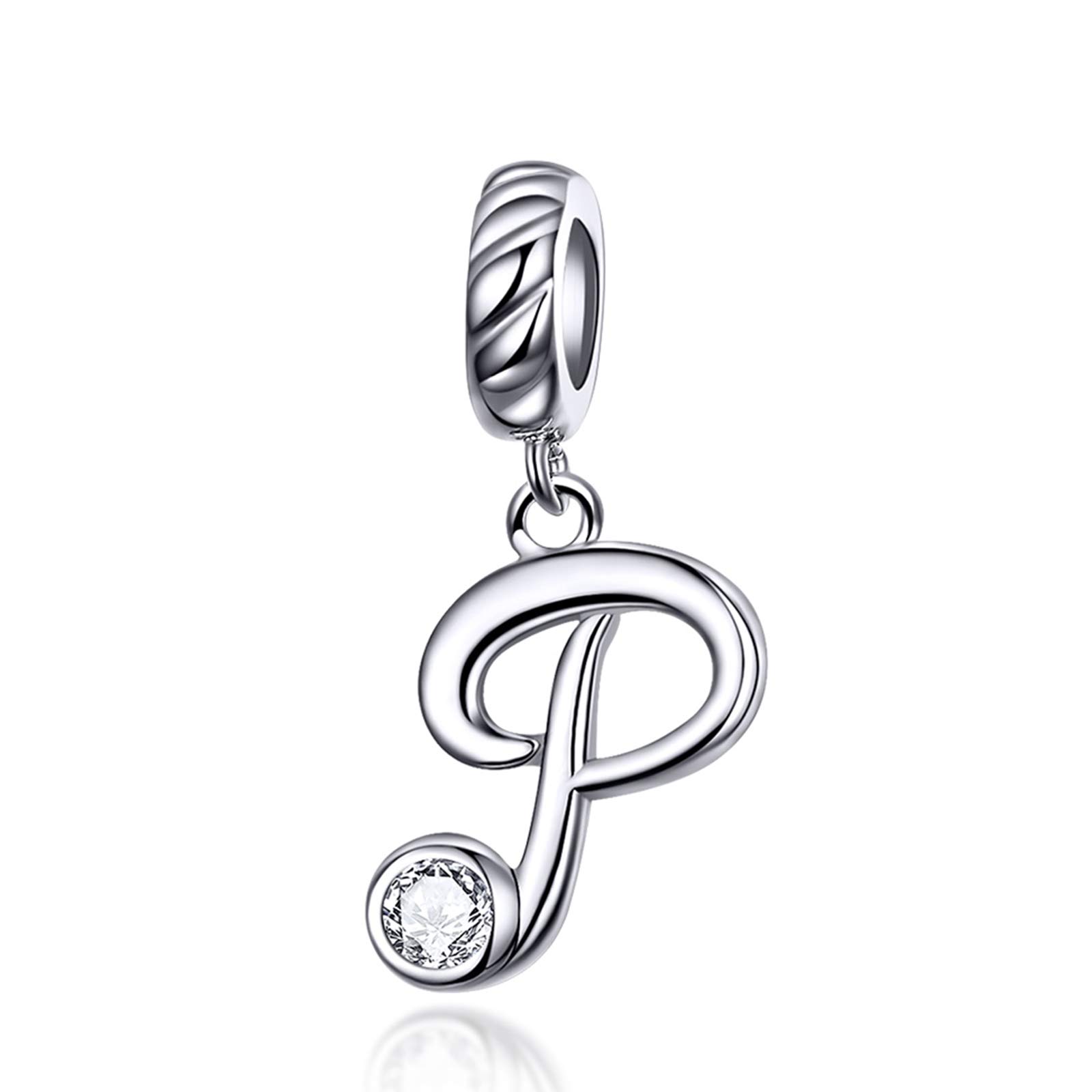 LaMenars Letter Dangle Bead Charms Initial Alphabet A-Z 925 Sterling Silver Zirconia fits European Charm Bracelets & Necklaces