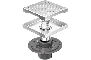 Neodrain 6-Inch Square Shower Drain with Removable Quadrato Pattern Grate,PVC Shower Drain Base and Rubber Gasket for Bathroom Floor Drain, Brushed 304 Stainless Steel, Includes Hair Strainer