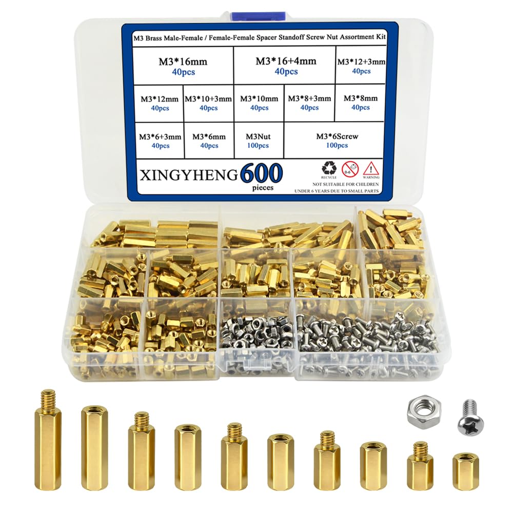BGTXINGI 600pcs M2 M3 Brass Male-Female/Female-Female Spacer Standoff Screw Nut Assortment Kit and stainless steel Screw Nut Set (Brass M3)