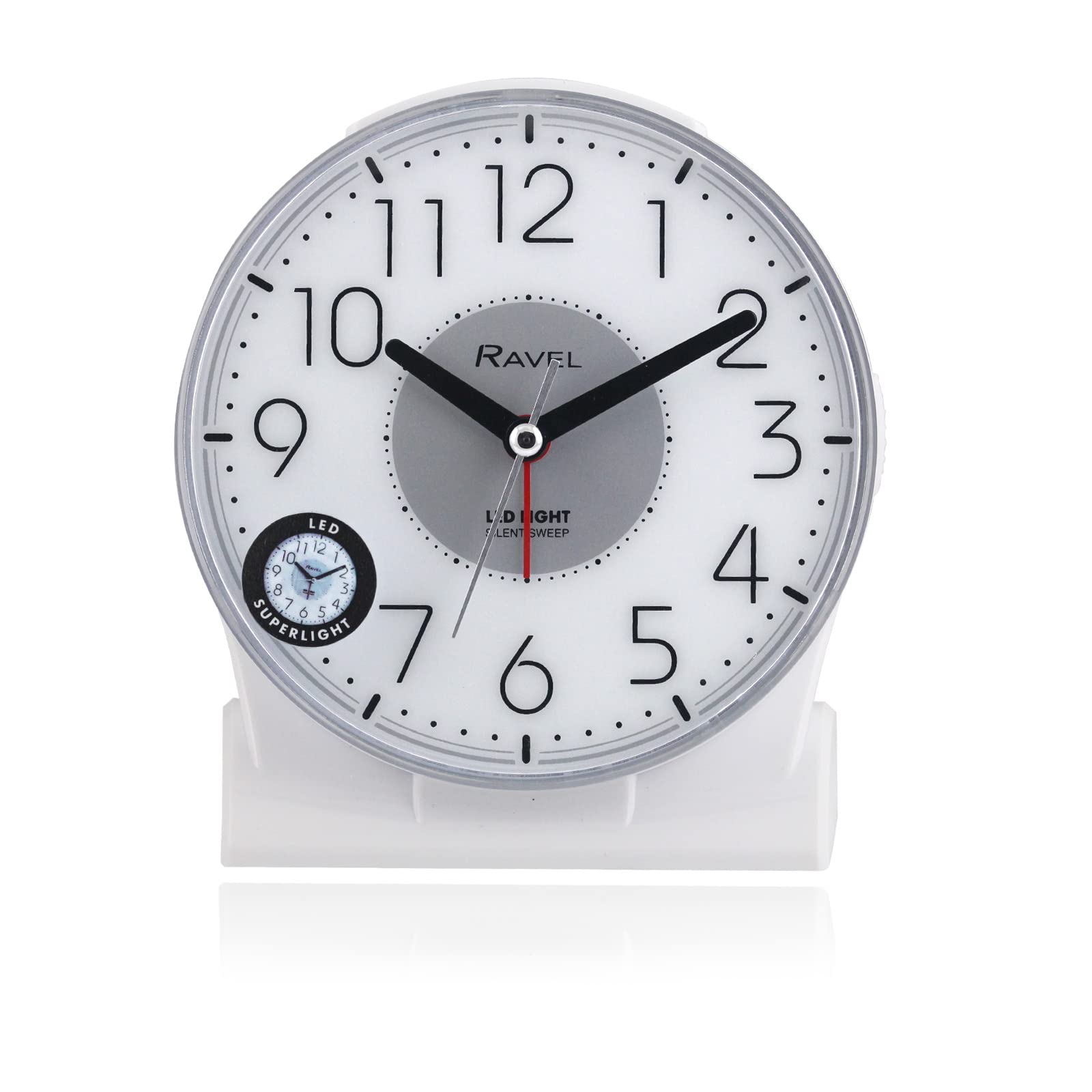 Ravel - Large Contemporary Bedside/Mantel Quartz Alarm Clock with Silent Sweep Second Hand, Snooze and Full LED Superlight - RC036.4 - White