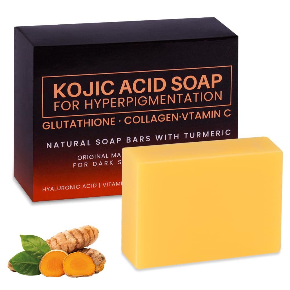 Pure Kojic Acid & Turmeric Soap Bar 100g - Skin Brightening Bar for Face & Body, Helps Improve Uneven Skin Tone, Dark Spots & Acne, with Glutathione & Hyaluronic Acid, Includes Foaming Net