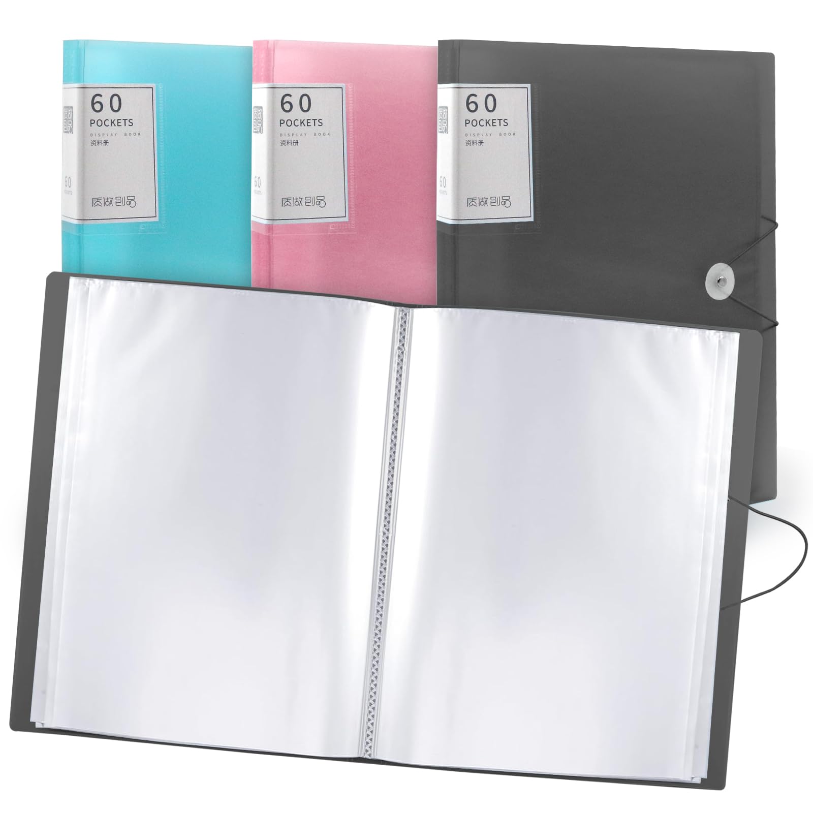 A4 Display Folder,60 Pockets A4 Display Folders, Display Book Folder with Plastic Sleeves and Safety Rope Presentation Folders Document Project Folders for School and Offices (Black)
