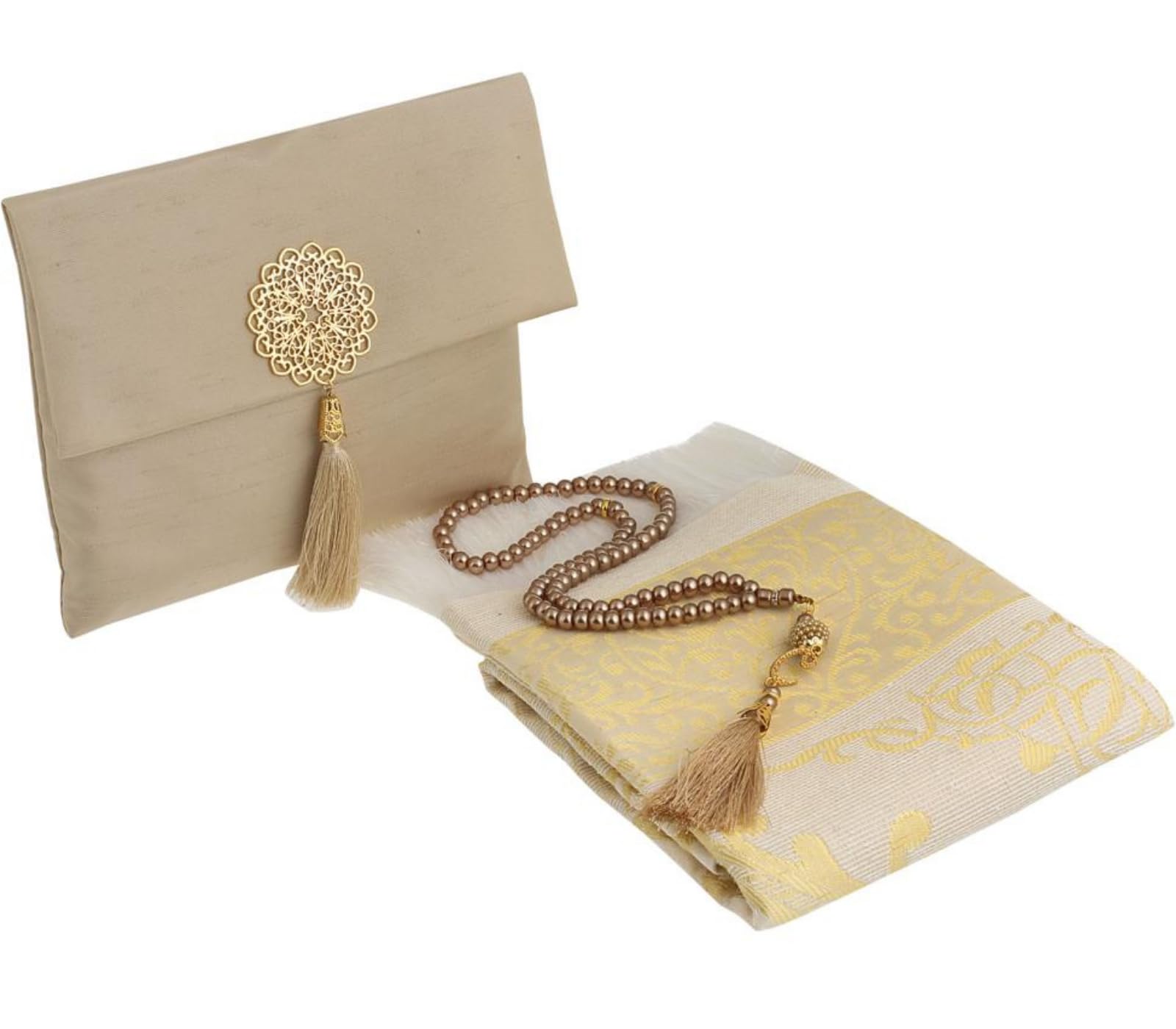 Prien Muslim Prayer Rug With Tasbih Beads and Portable Bag, Muslim Gift For Women Men, Mubarak Islamic Box, Soft Mat Gifts Set, Turkish Carpet For Ramadan, Eid, Hajj, Travel (Brown)