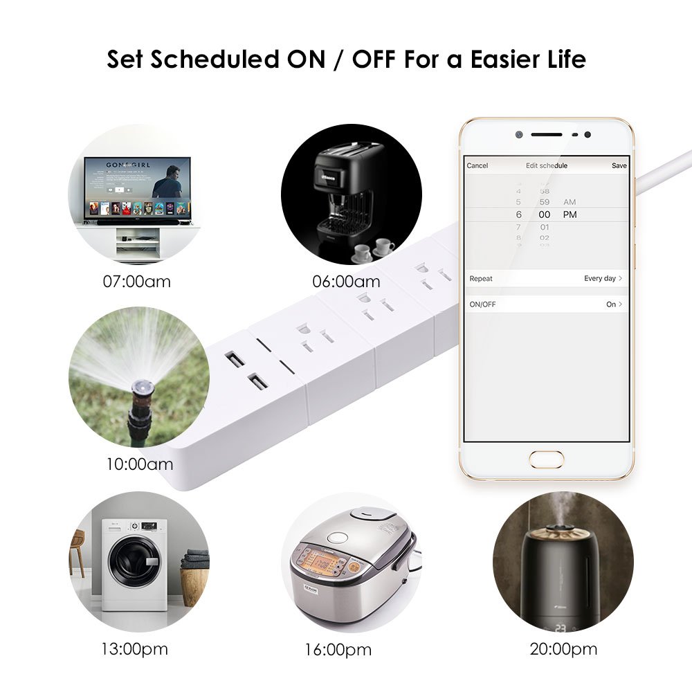 WiFi Smart Power Strip For Alexa, JolyJoy WiFi Surge Protector For Echo/Dot/Google Home/Mini, Voice Control And App Wireless Remote Control Each Outlet Plug & USB Port, 125V, 15A, 1875W (White)