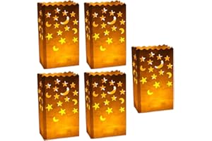 Stmarry 50 pcs White Luminary Candle Bags Special Lantern Luminary Bag with Stars Moon Durable and Reusable Fire-Retardant Material for Wedding Valentine's Day Decor Engagement Event Marriage Proposal