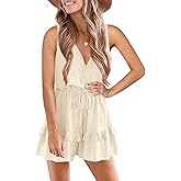 Valphsio Womens V Neck Beach Tank Rompers Flowy Ruffle Layered Shorts Jumpsuit High Waist