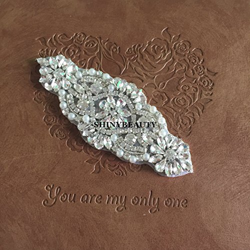 ShiDianYi Rhinestone and pearl beaded applique for bridal sash, wedding headband, garters (Silver)