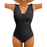 XUNYU One Piece Swimsuit Women Strapless Bandeau Top Tummy Control Bathing Suit Mesh Halter Full Coverage Modest Swim Suits