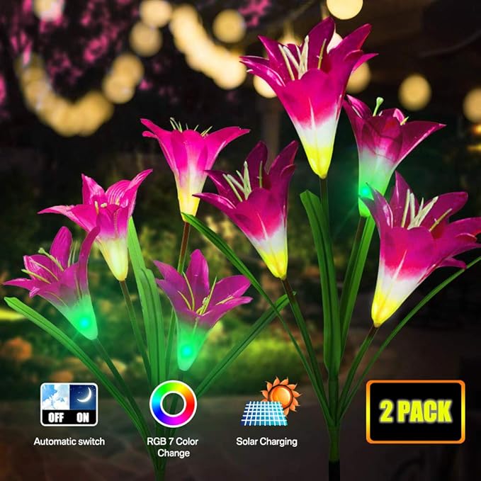 HEYOMART LED Solar Lily Flower Lights 2 Pack 8Head 7 Color Changing
