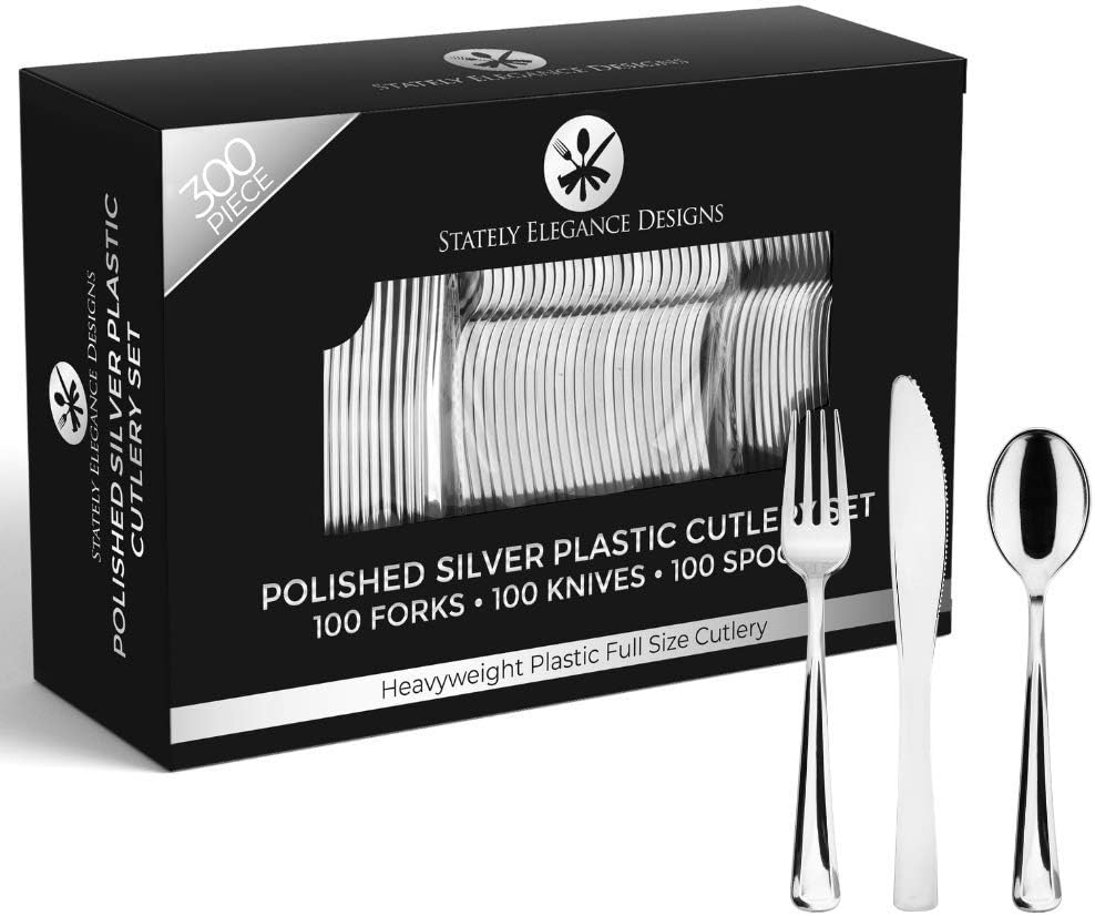 Stately Elegance Designs 300 Piece Silver Plastic Silverware Set – Includes Forks, Knives and Spoons – Silver Cutlery – Heavy Duty Durable Disposable Flatware Set